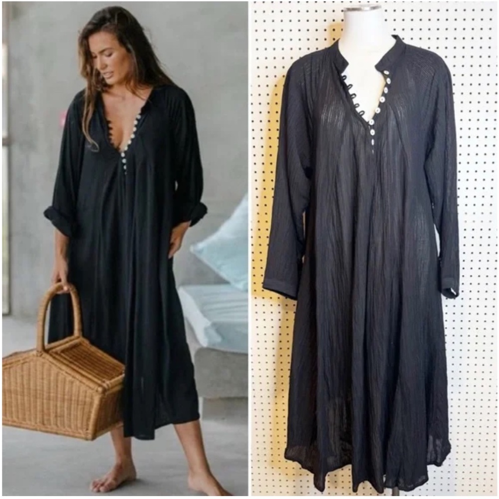 Myrah Penaloza Frida Black Gauze Crinkle Midi Dress ONE SIZE